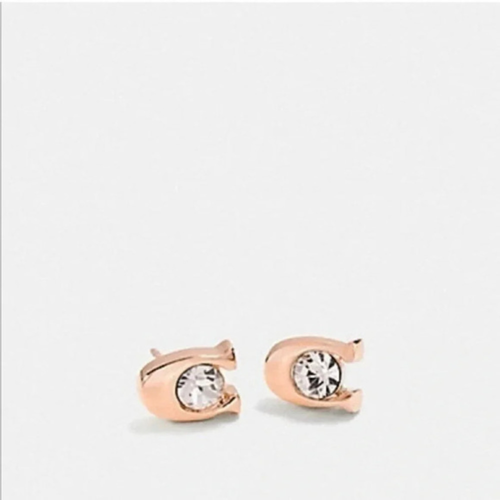 Coach Rose Gold “C” Logo Stud Earrings Crystal Accent NWT